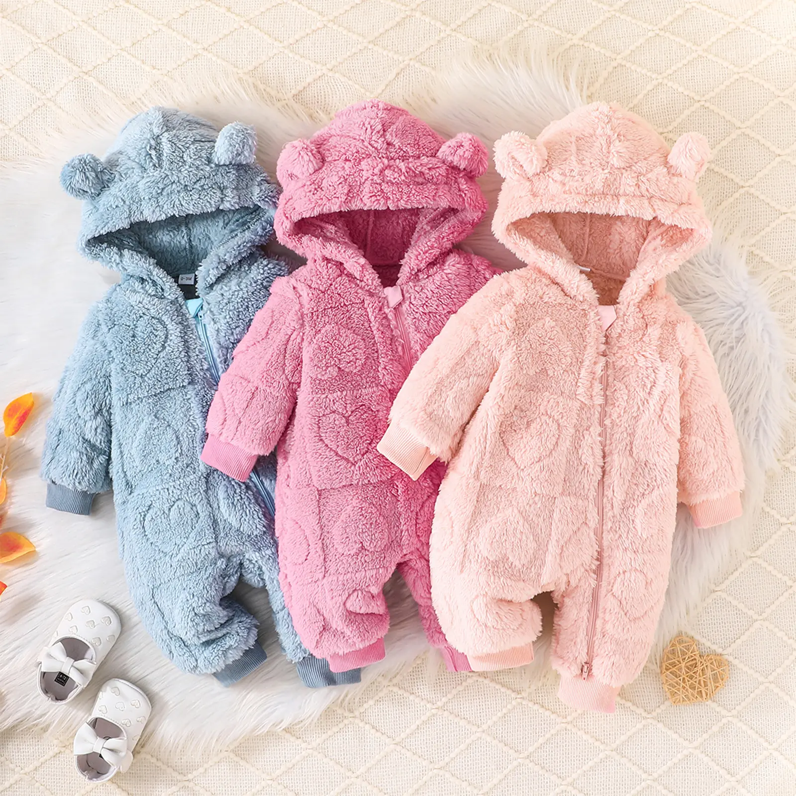 Meihuida Baby Girls Winter Romper Solid Color Plush Fleece Zipper Hooded Long Sleeve Jumpsuits for Newborn Infant Toddler Clothes