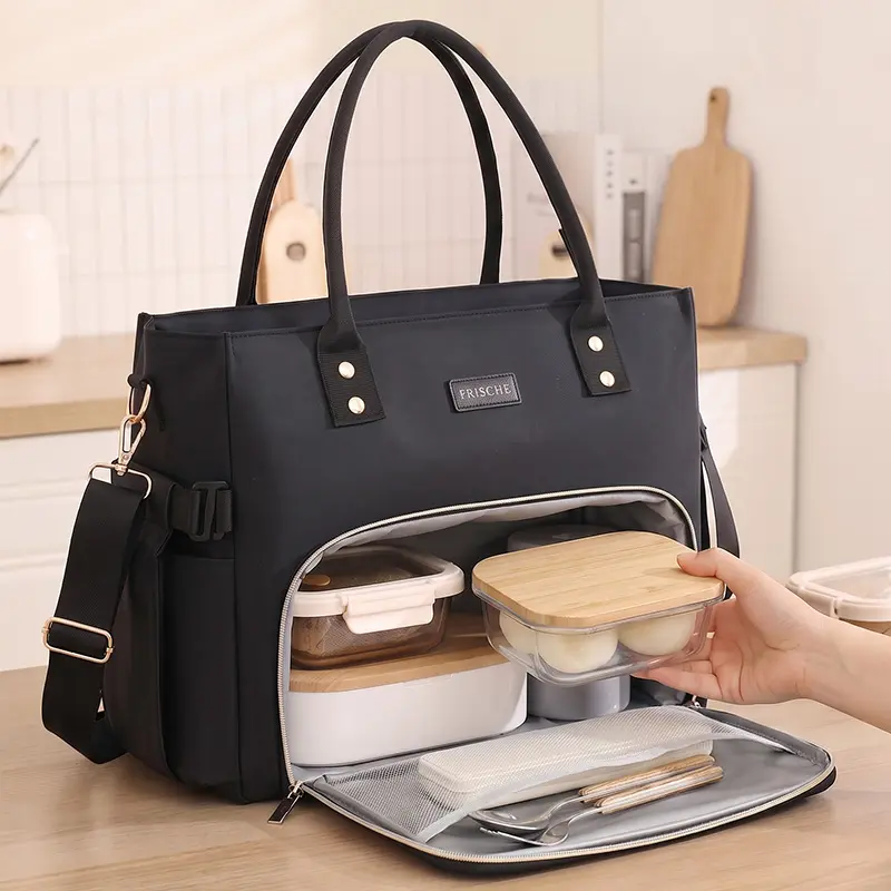Women's Large Square Polyester Waterproof Insulated Lunch Bag with Zipper, Multi-Pocket Thermal Cooler Handbag with Adjustable Shoulder Strap for Work Office Use