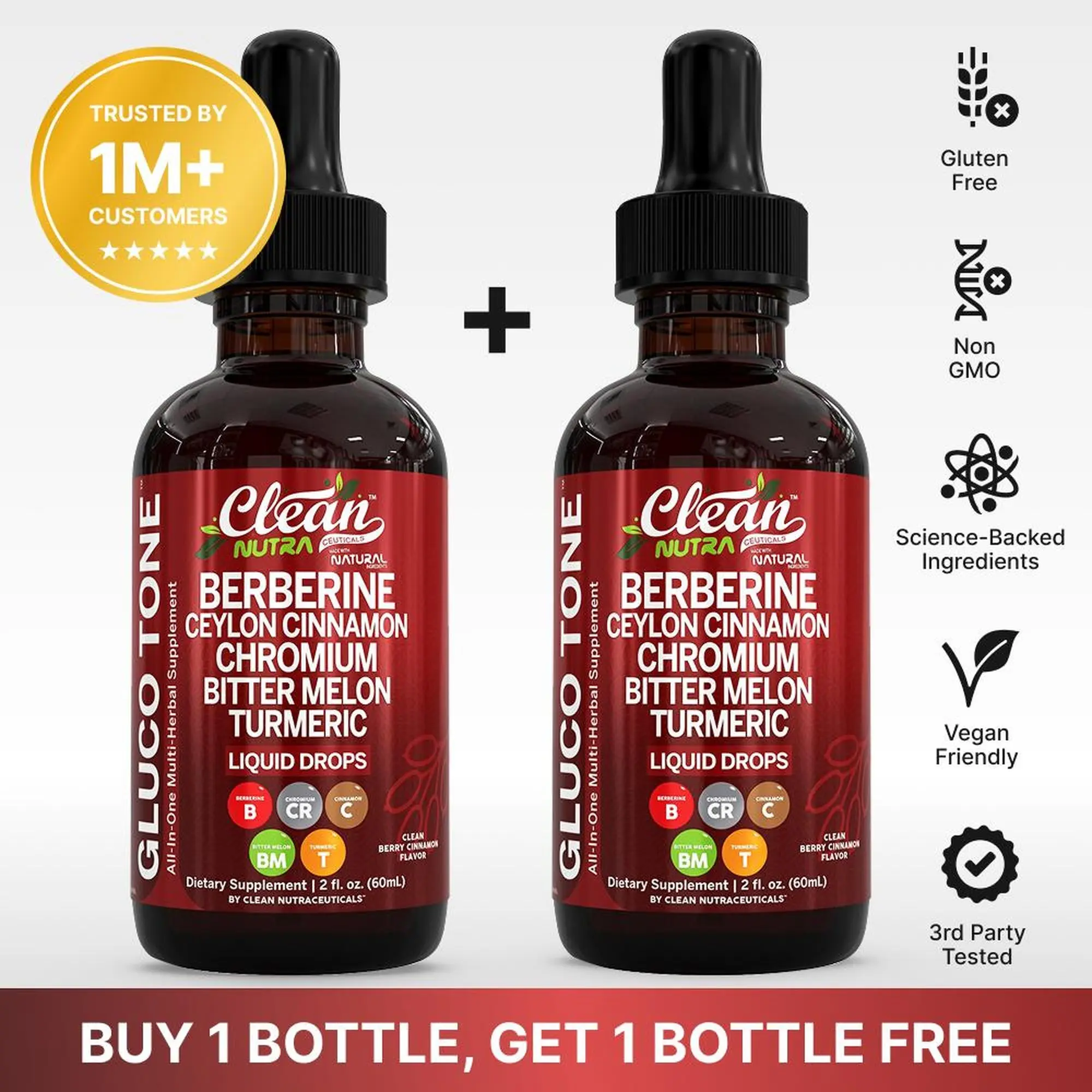 Clean Nutra Berberine Drops Organic Ceylon Cinnamon, Bitter Melon, Glucomannan, Chromium, Turmeric, Organic Panax Ginseng, for Clean Fitness and Blood Sugar Supplement Liquid Drops – Gluco Tone