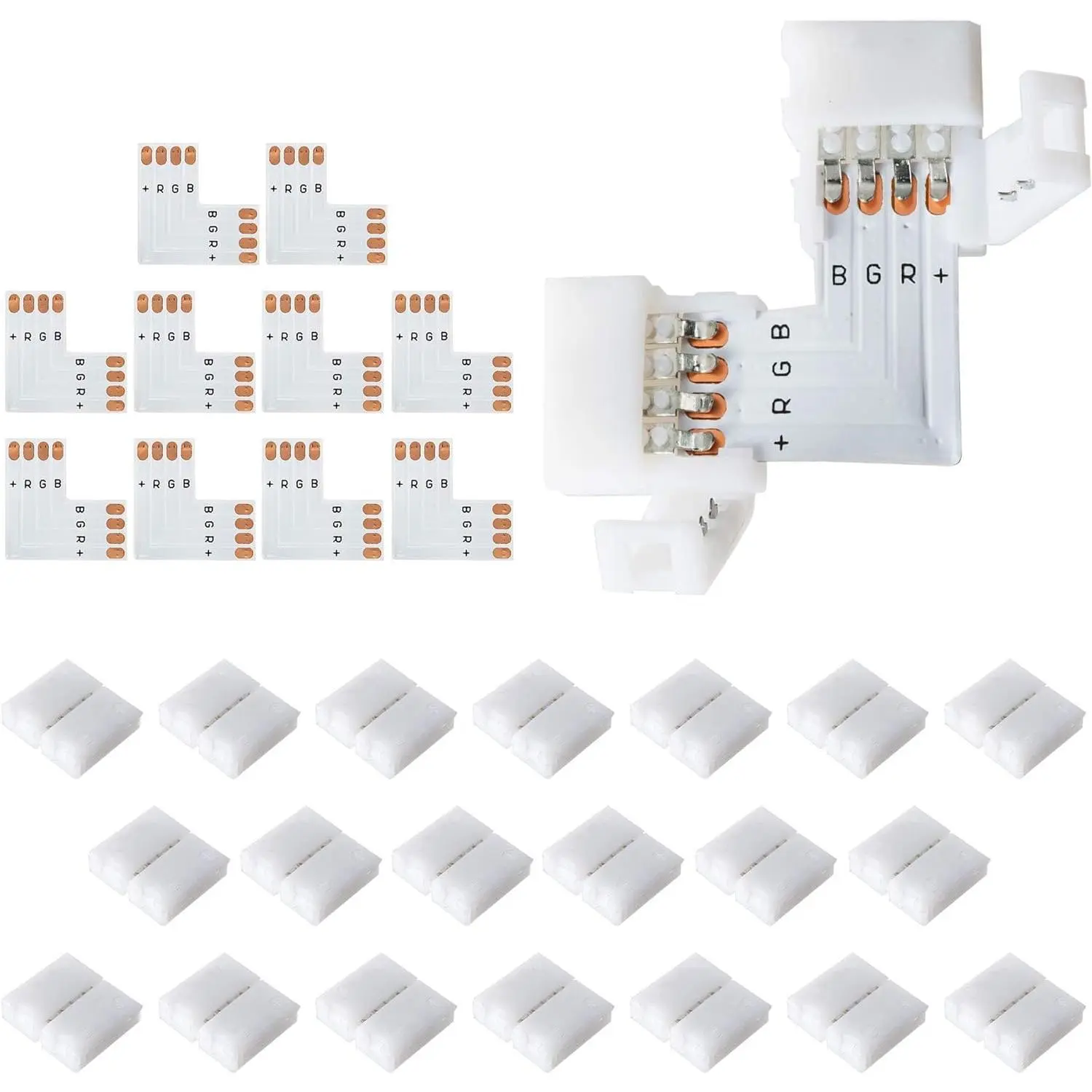 20Packs L Shape 4-Pin LED Connectors with 22Pcs Clips 10mm for Strip Lights - 10mm 4pin
