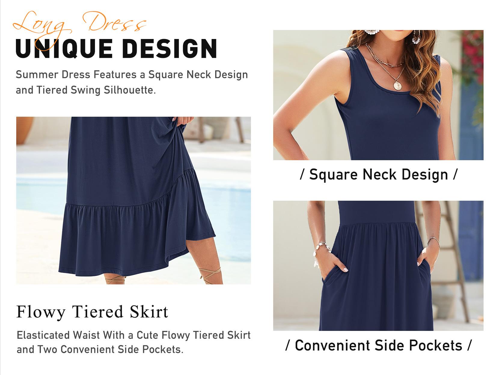 AUSELILY 2026 Womens Summer Dresses Sleeveless Maxi Dress Square Neck Casual Tiered Swing Dress with Pockets Summer Dress Sunshine Floral SpringStatements