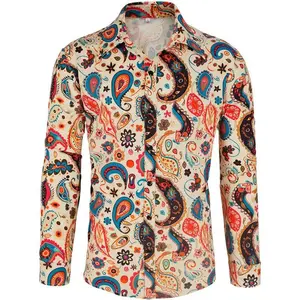 Men's 70s disco shirt Paisley 1970s casual top retro floral long sleeved button up Vintage party costumes shirt