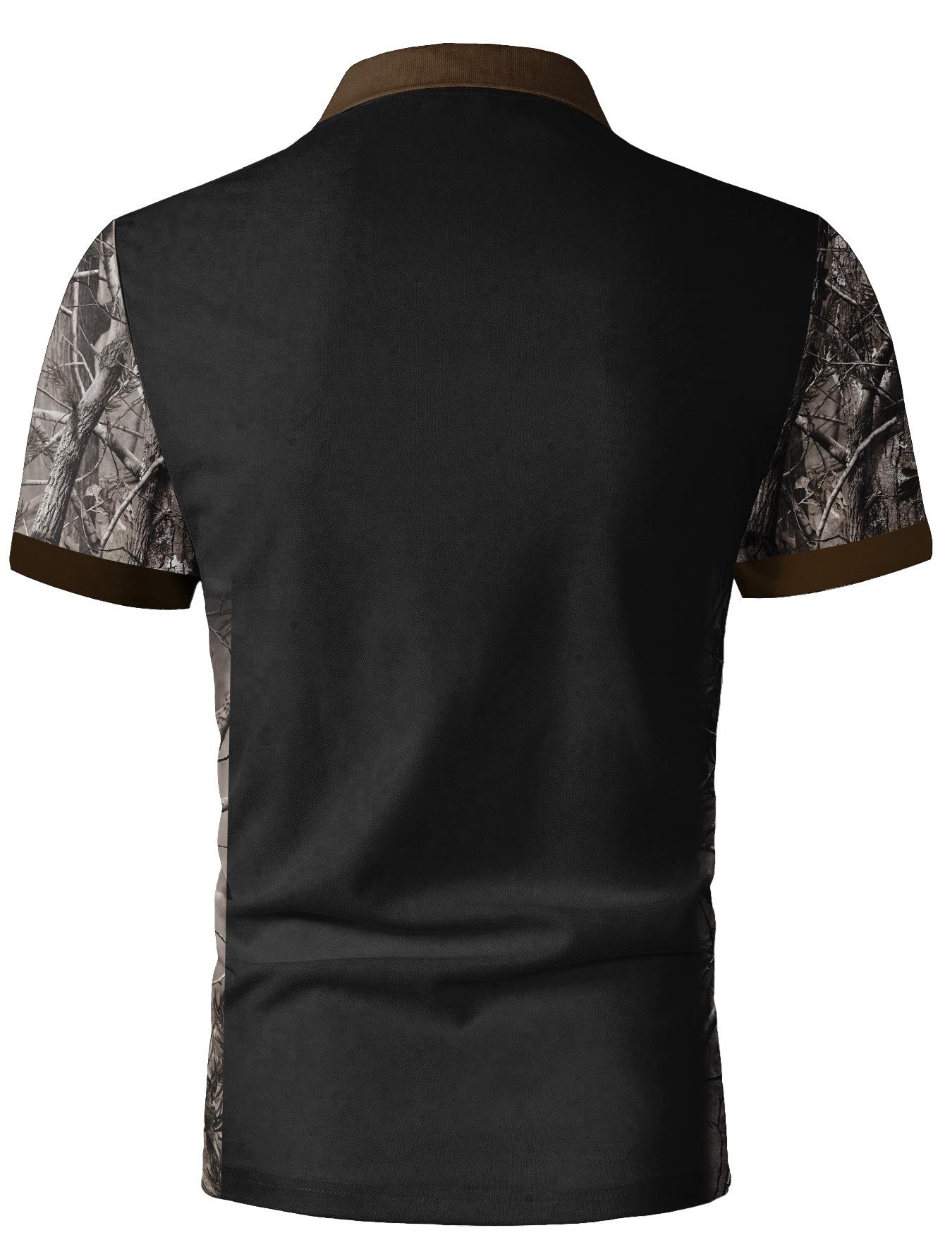 Men's Camouflage Quick Drying Shirt - Casual Outdoor Style, Deer Head Print, Short Sleeve, Button Neck, Summer Hunting and Hiking Clothing, Hiking Equipment Golf Polo Golf Apparel