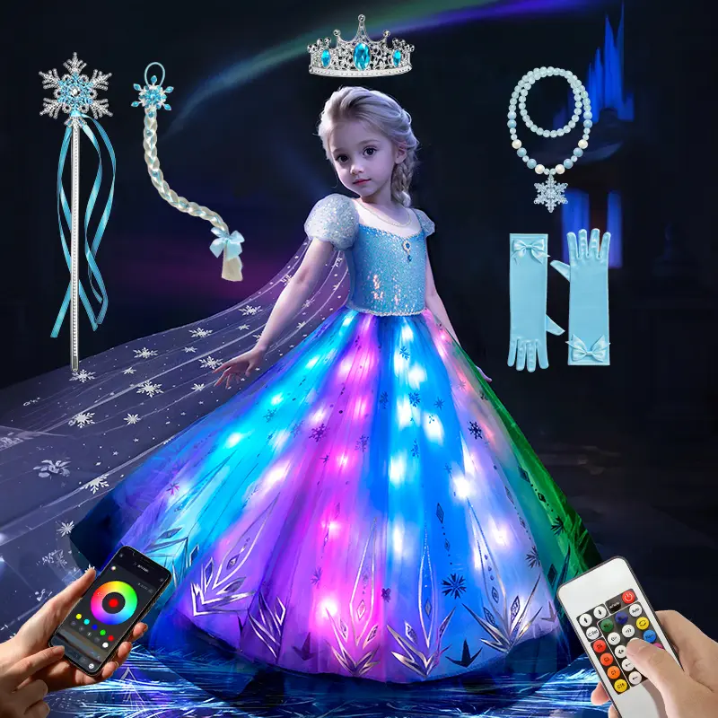 UPORPOR Girls' Blue Light-Up Ice Princess Fantasy Costume - 100+ LED Modes, Music Sync, Winter Dance Pretend Play Outfit with Accessories (Ages 3-9), Costume Ideas, Little Gifts for Girls,back to school,back to school shopping