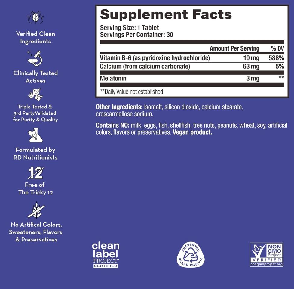 HUM Beauty zzZz Melatonin & B6 Supplement 30 Vegan Tablets for Optimal Sleep Quality and Alertness