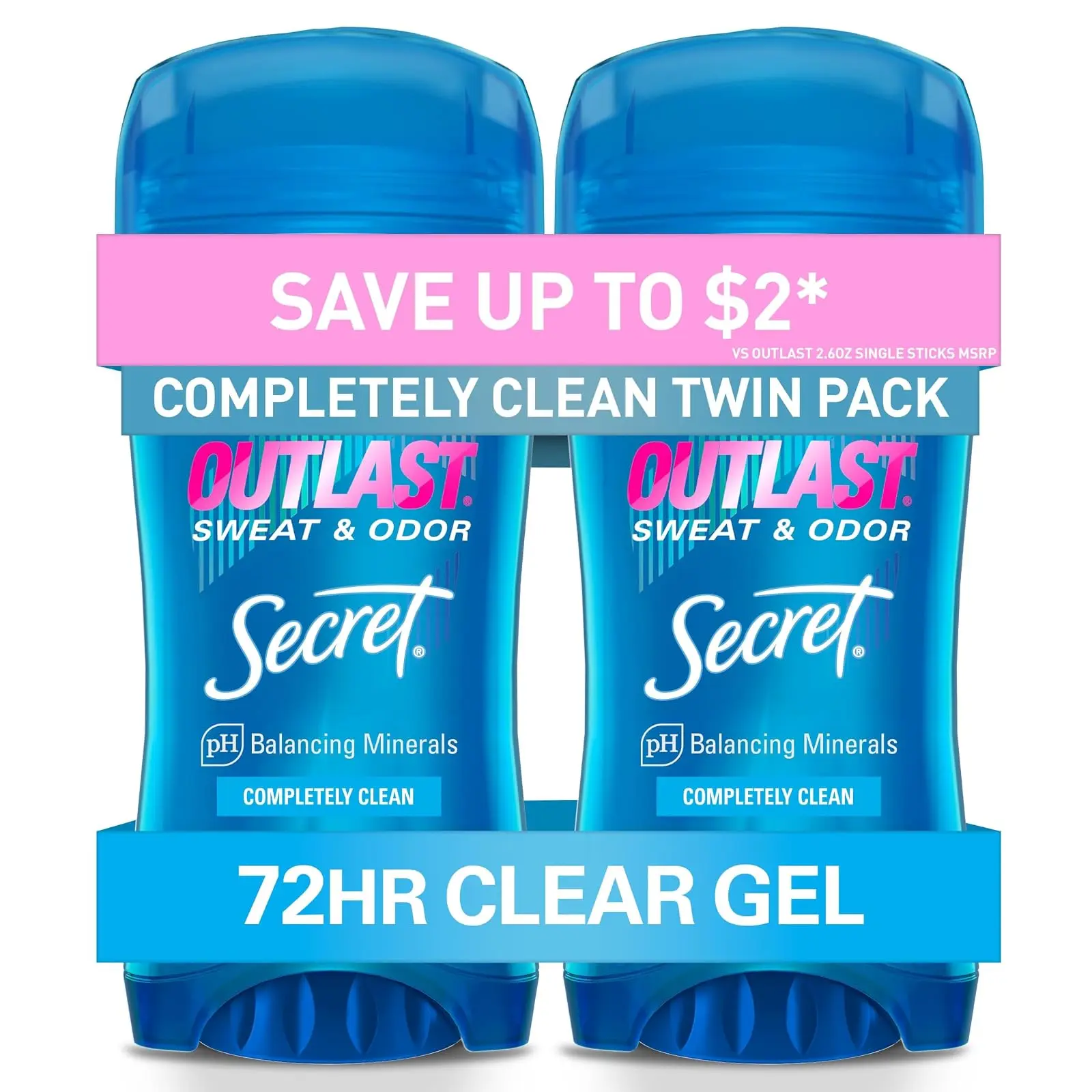 Secret Outlast Antiperspirant Deodorant for Women, 72hr Sweat & Odor Protection, PH Balancing Minerals, Pro-Hyaluronic Acid, Clear Gel, Completely Clean Scent, 2.6 oz (Pack of 2)
