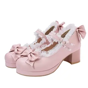 Women Kawaii Mid Block Heel Mary Jane Rockabilly Pumps with Bow Platform Chunky Heel Cute Sweet Shoes