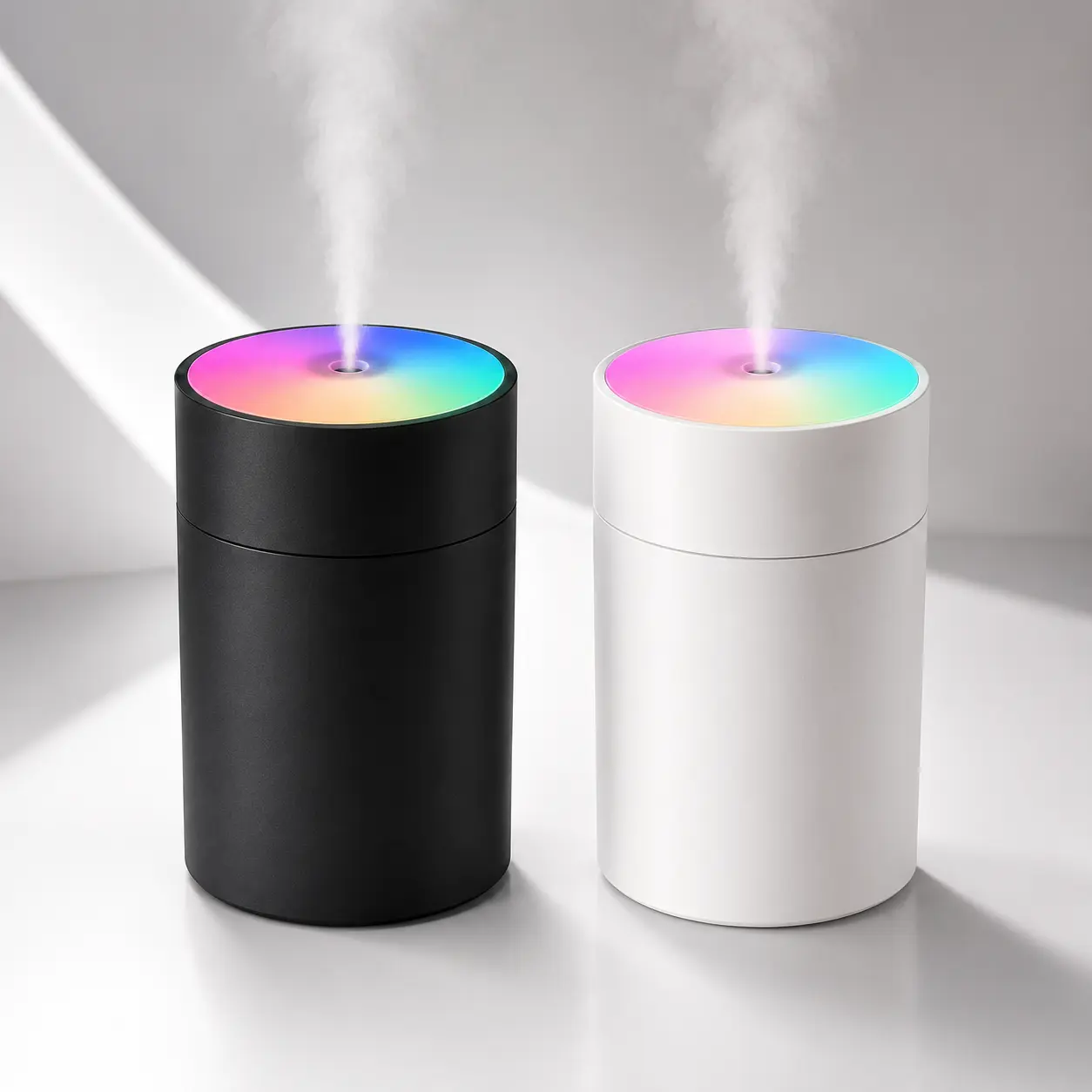 2 Pack Flame Effect Humidifiers with RGB Ambient Light, USB Powered Mini Desktop Mist Humidifiers for Bedroom, Office and Desk