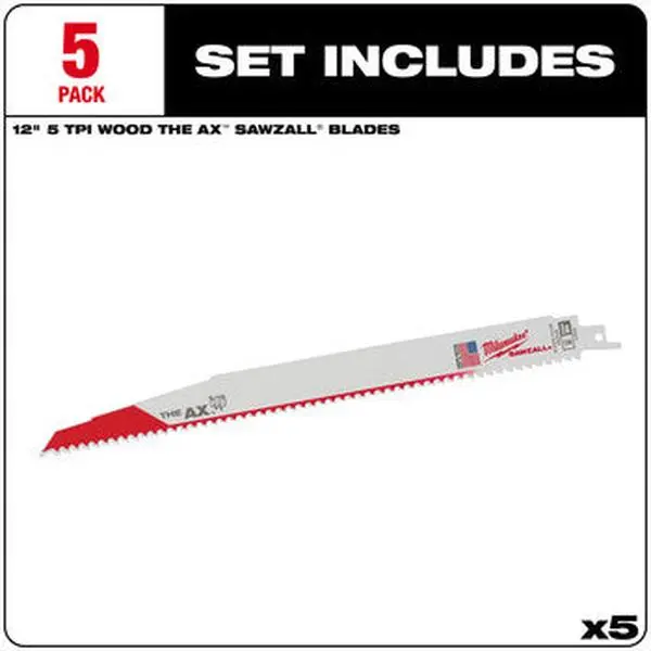 Milwaukee 48-00-5027 Heavy-Duty Sawzall Saw Blades - 5PC 12" (12 Inches) 5 TPI The Ax Blades for Fastest Cuts, Longer Life Cutting Applications, Twelve Inch