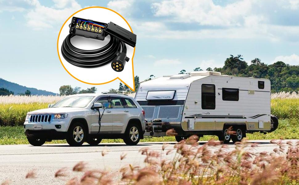 Nilight Heavy Duty 7 Way Inline Trailer Plug 8 Feet Connector Cable 7Pin RV Round Extension Wiring Harness Weatherproof Junction Box for RV Towing Car Wired Jack Lighting