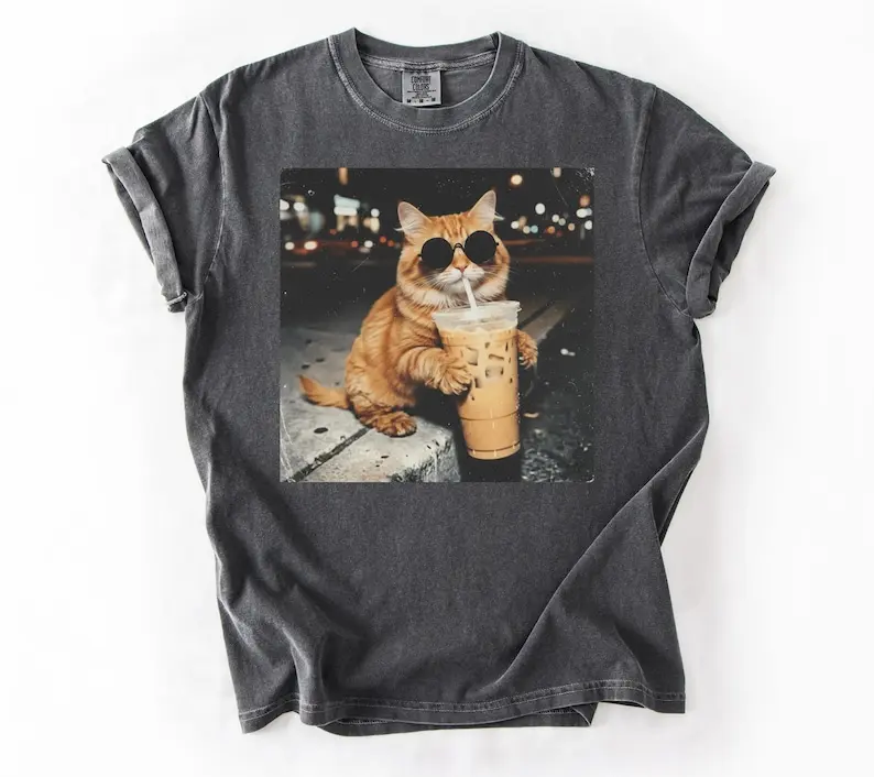 Comfort Colors Cool Cat Iced Coffee Shirt, Funny Meme Cat Tee, Viral Internet Humor T-Shirt, Coffee Lover Graphic Tee, Trendy Streetwear Cat Shirt Gift