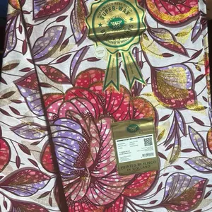 African Ankara Wax Fabric 6yards Red,purple, and gold on white backdrop