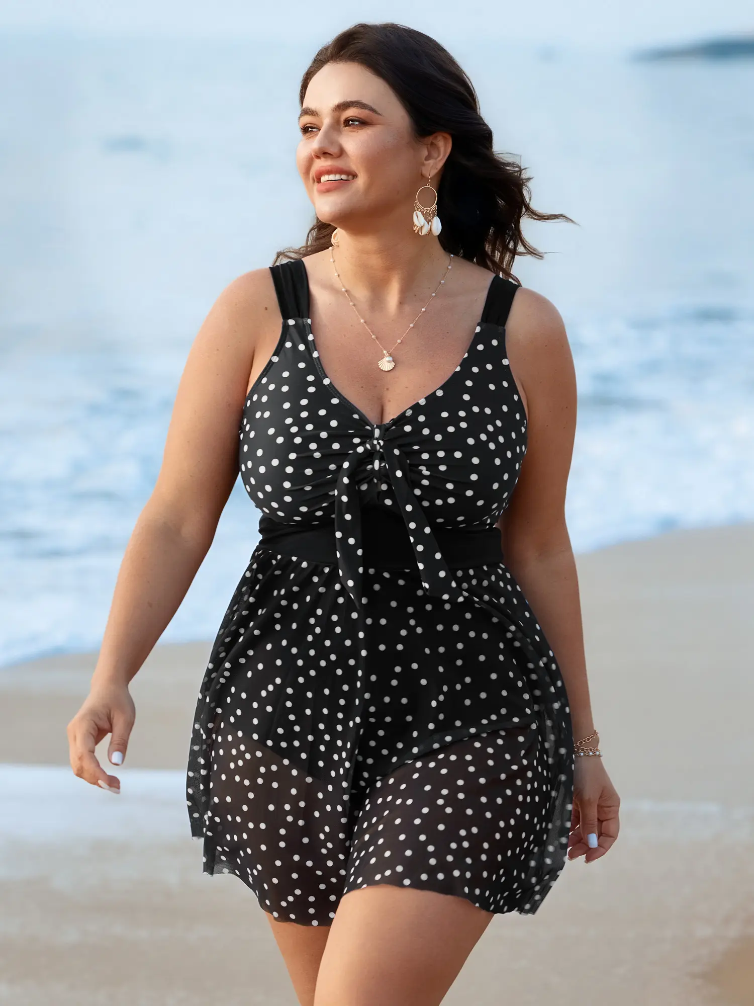 Plus Size Polka Dot Resort Swim Dress, High Stretch Tunic with Tummy Control, Mesh Heart Neckline and Removable Cups, Built-in Bikini 22-24/3x