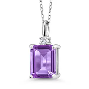 Gem Stone King 925 Sterling Silver Gemstone Birthstone Pendant Necklace for Women | Emerald Cut 10X8MM and Round 2MM | With 18 Inch Chain | Fine Jewelry for Her Mom Wife