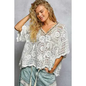 POL Clothing Open Weave Crochet Blouse with Studded Trim Neckline
