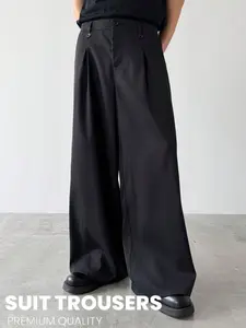 Wide-Leg Pleated Pants with Adjustable Waist Buttons - Minimalist Office & Street Style