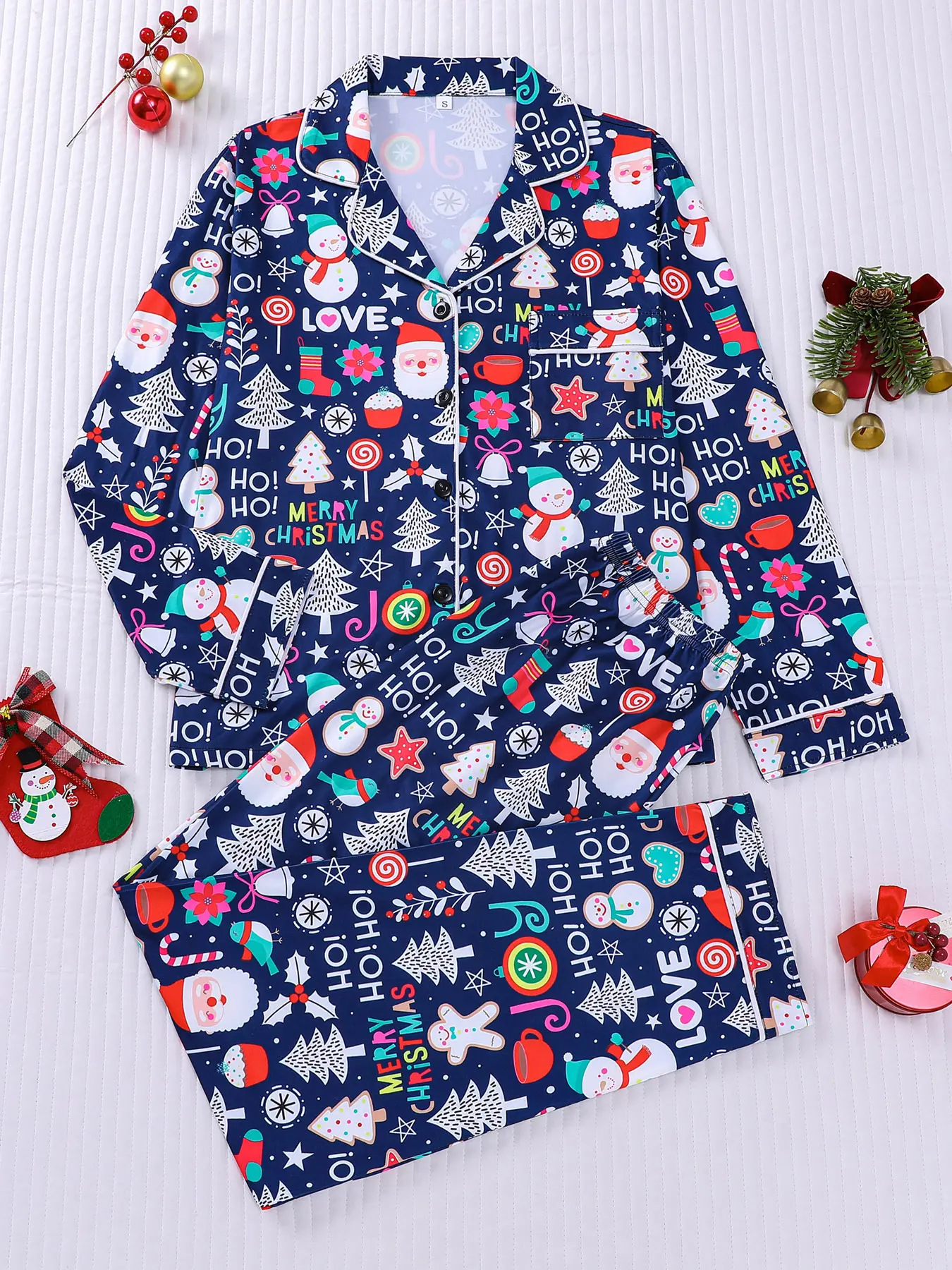 2-piece set, Pajama set of gingerbread man, building blocks, Festive Christmas long sleeved pants, Collared top with small pockets, button closure, elastic waistband, suitable for all seasons, soft, comfortable, skin friendly for home we, Loungewear, Pjs