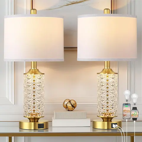 Rottogoon 2-Pack Gold Metal & Glass Modern Bedside Table Lamps, LED Decorative Atmosphere Lighting with USB A+C Ports, Night Light, 2 Bulbs, Home Decor Items, Boujee Home Accessories for Bedroom