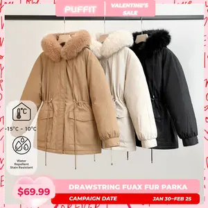 PUFFIT Faux Fur Mid-Length Hooded Drawstring Parka With Adjustable Waist Belt Design And Extra-Deep Pockets, Women‘s Fashion Coats, Versatile Winter Outerwear For Women‘s Basic Tops