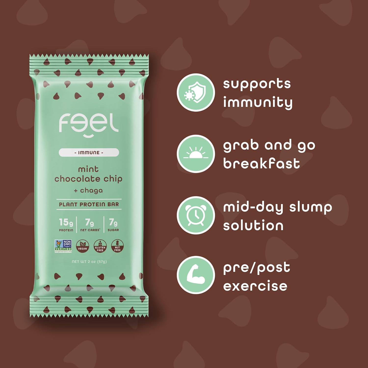 Feel Bars – Vegan Protein Bars | Mint Chocolate Chip – 10 Pack | 15g Plant Protein | Chaga Mushroom | Keto | Organic | Gluten Free, No Nuts, No Soy, No Dairy, No Grains