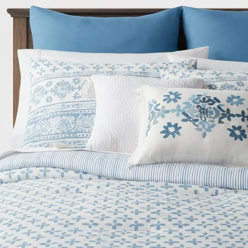 8pc Queen Block Print with Border Comforter Bedding Set Light Blue - Threshold: Percale Quilted OEKO-TEX Certified