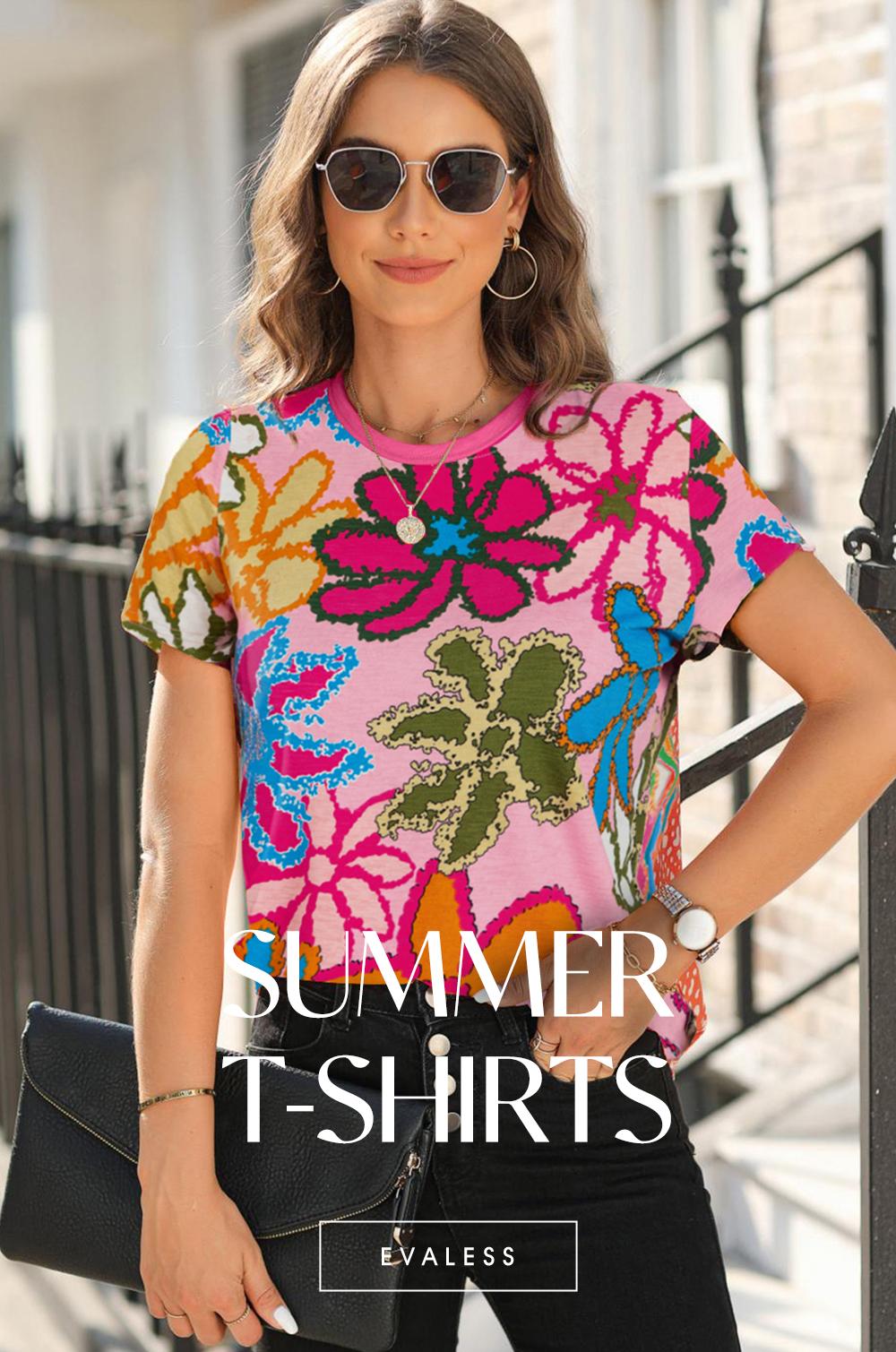 EVALESS Women's Casual Boho Print T Shirts Tops Crew Neck Short Sleeve Polka Dot Slim Fitted Soft Multicolour Tee 2026 Trendy Womenswear Springtok Summer Outfits