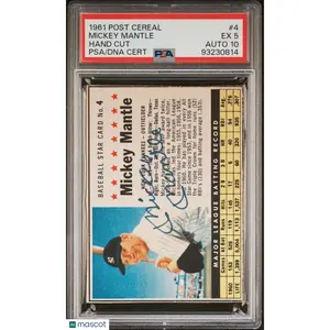 1961 Post Cereal Hand Cut #4 Mickey Mantle Signed Card PSA Ex 5 Slabbed AUTO 10