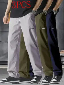 Men’s 3-pack casual pants for spring, summer, and autumn—wide-leg straight-cut, versatile, comfortable and skin-friendly, fashionable and trendy, suitable for outdoor activities