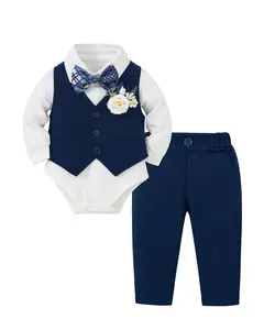 Baby Boy Clothes Suits Infant Wedding Easter Baptism Gentleman Outfit Collared Dress Shirt+Vest+Tie+Corsage+Pants 5Pcs Baby Suit Sets