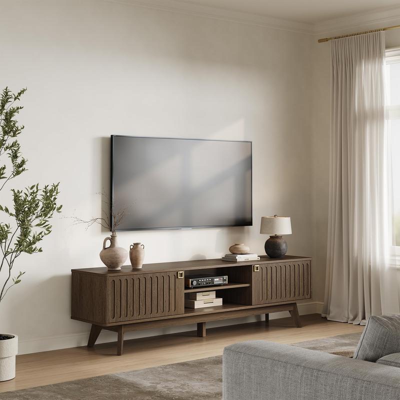 SICOTAS TV Stand for Living Room, 70" Long TV Stand Entertainment Center with 2 Storage Cabinets, Modern Fluted-Door Media TV Console Credenza Table for 65/75/80 Inch TV, Light Oak