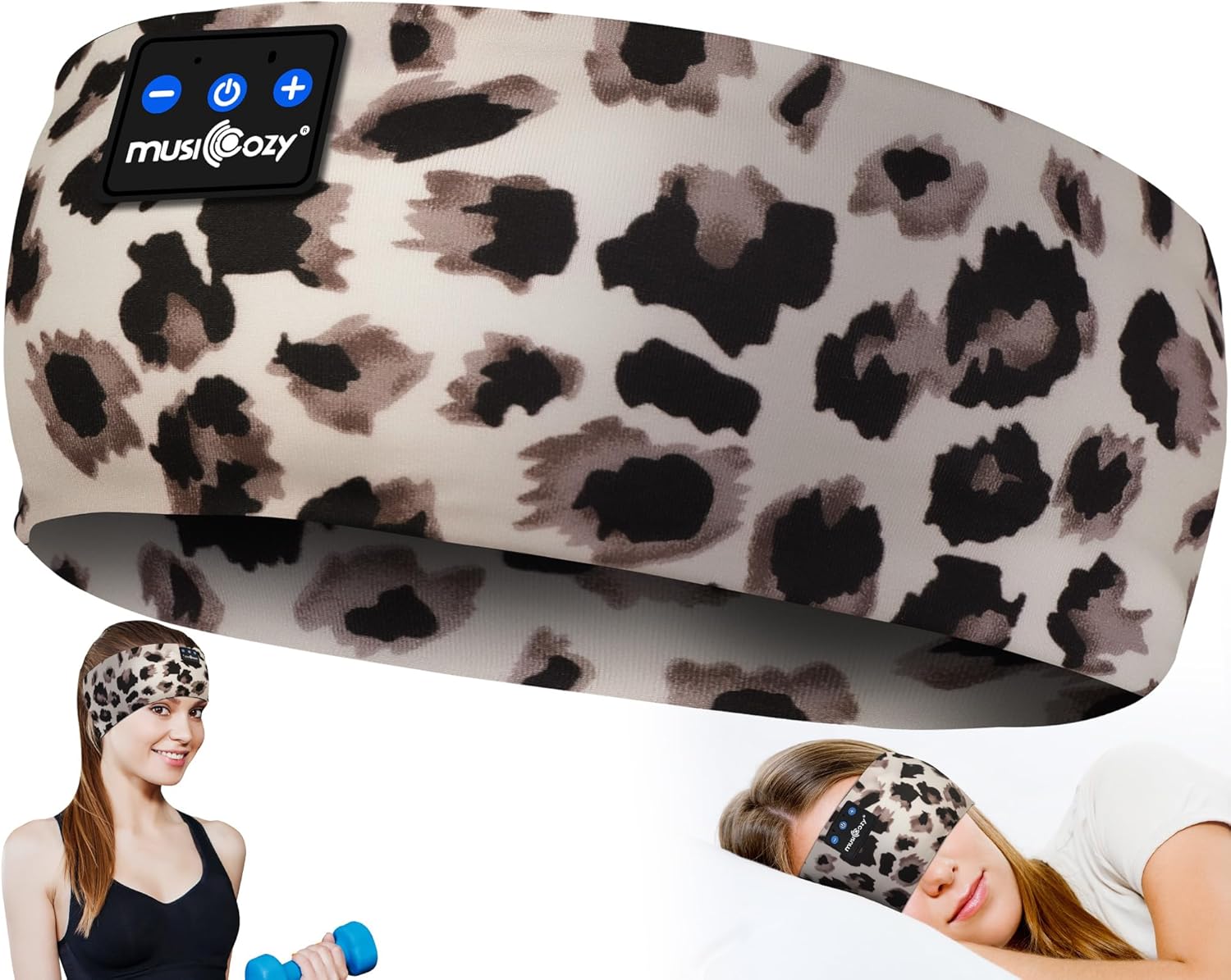 MUSICOZY Bluetooth 5.4 Sleep Headphones Headband,Invisible Earphones, Ultra-Thin HD Stereo Speakers, Noise Cancelling Earplugs, Sweat-Wicking Sports Headband with Leopard Print, Ideal for Side Sleepers, Sleeping, Running, Yoga, Office, Stress Relief