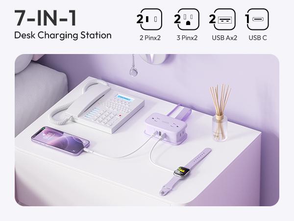 NTONPOWER Travel Power Strip, Cruise Essentials 7-in-1 Compact Portable, 4 AC Outlets 3 USB Ports (USB-C Fast Charging 65W/15W),  4FT Wrapped Around Extension Cord Home Office,  Perfect Gift for Purple & Blue Travel Essentials