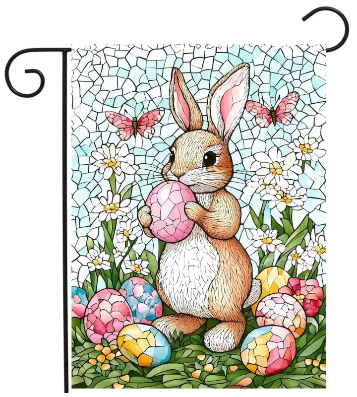 12x18 in Decorative Outdoor Easter Bunny Garden Flag, All-Weather Fade-Resistant Polyester, Double-Sided Stained Glass Rabbit & Egg Design, 2 Ribbons, Easy Installation, Vivid Colors, Spring Patio Decor, Ideal for New Homeowners
