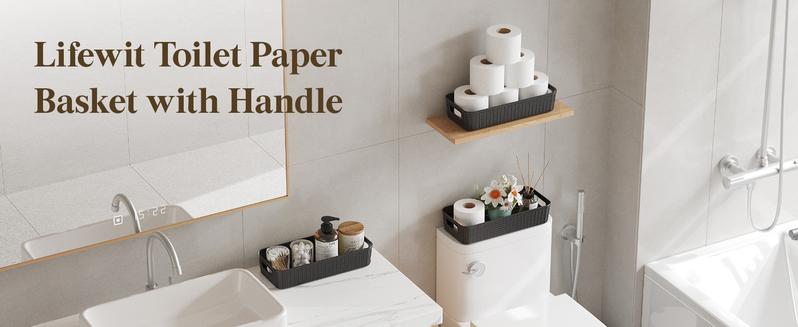 Toilet Paper Basket with Handle, Plastic Wicker Toilet Basket Tank Topper for Decor, Small Back of Storage Organizer Bin for Bathroom