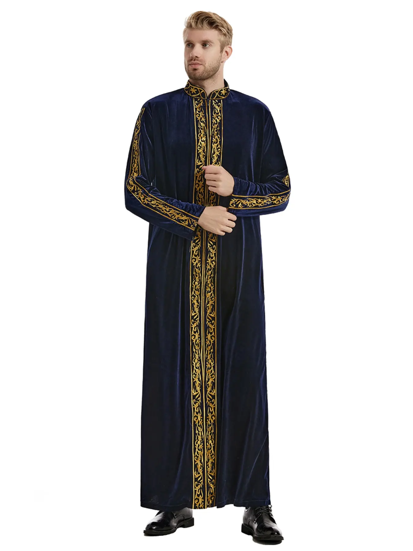 Muslim Arabic Islamic Traditional Ethnic Clothing, Autumn Winter High-Quality Embroidered Thick Men's Robe, Half-Zip Hooded Modest Style