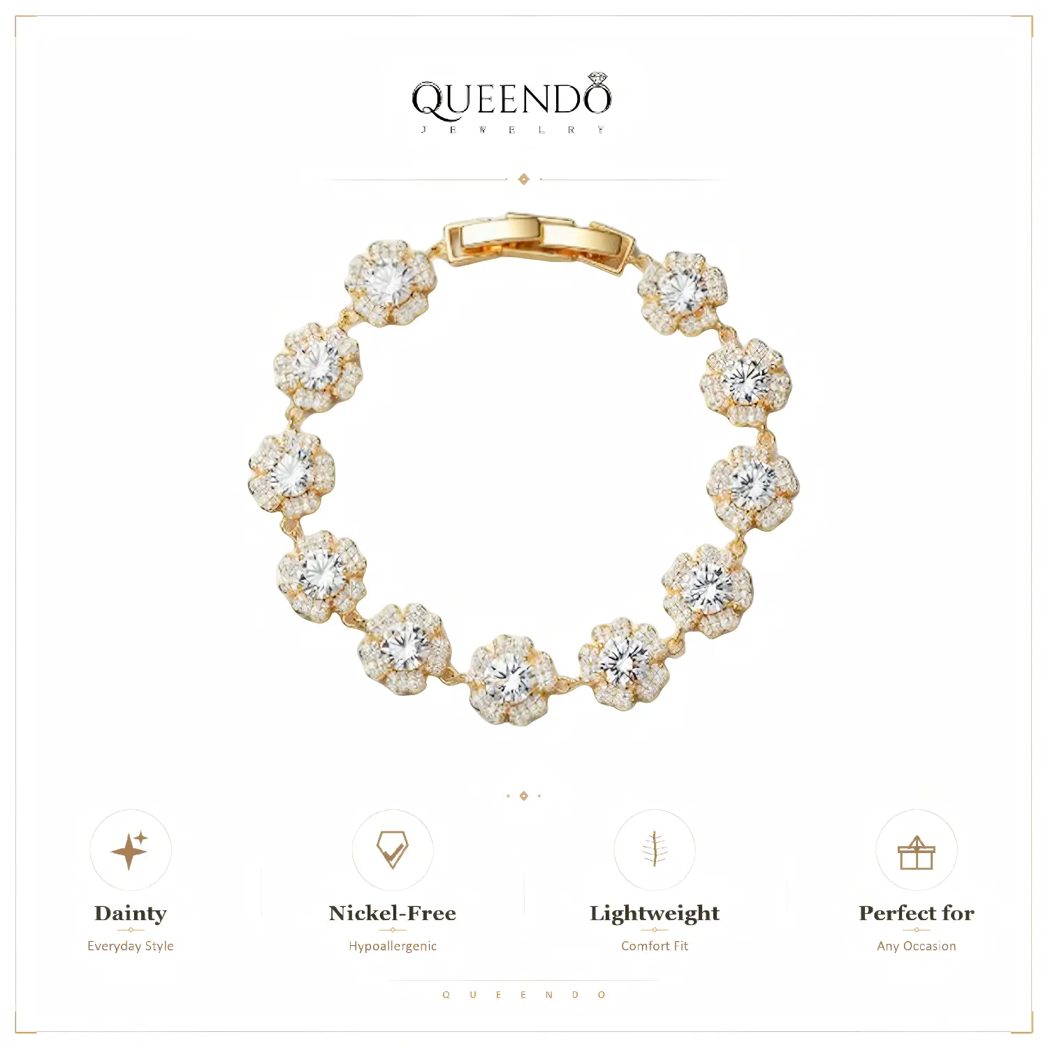 QUEENDO Unisex Copper-Base Floral Pave Stone Link Bracelet - Sparkling Flower Cluster Design, Adjustable Size, Costume Jewelry for Party, Wedding Gift