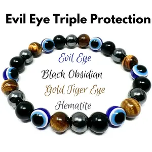 Evil Eye Triple Protection Bracelet Black Obsidian Tiger Eye Hematite Crystal energy jewelry
