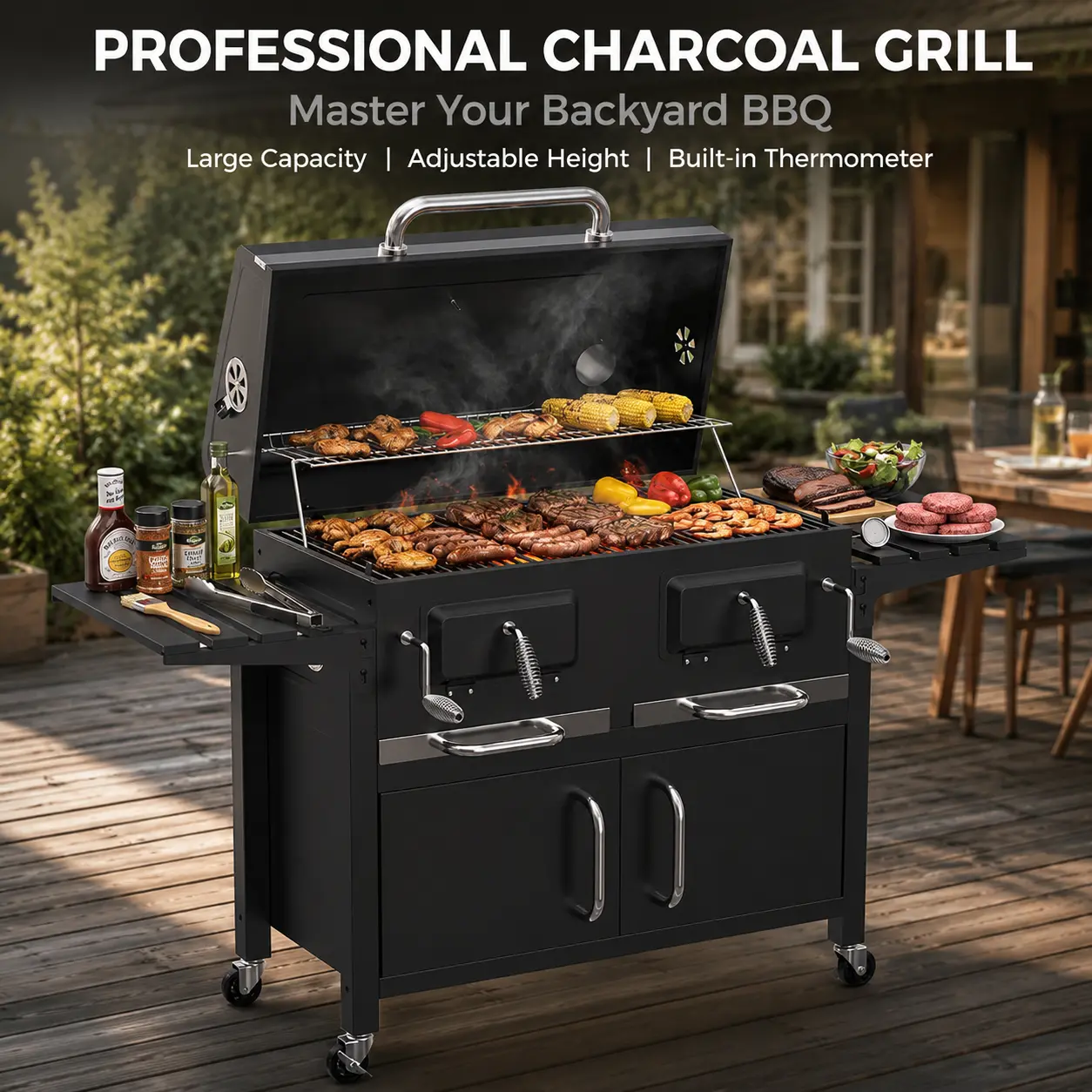 BESTFIRE BBQ Charcoal Grill, Extra Large Heavy-Duty Outdoor Smoker with 2-Tier Enamel Grates, Dual-Zone Cooking, Foldable  Tables & Warming Rack, Bbq Charcoal Grills, Charcoal Combo Grill side shelf picnic cooker storage cabinet