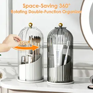 Dustproof Makeup Toothbrush Holders with Cover 360 Rotating Toothbrush and Toothpaste Holder Bathroom Vanity Counter top 3 Slots Compartment Storage Desktop Container Gift Ideas Mother's day valentines gift for girlfriend vanity makeup brush holder