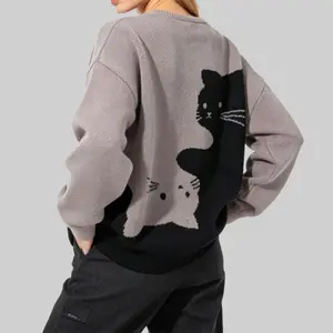 #SummerVibes New Autumn and Winter Sweaters For Both Men and Women With A Cat Pattern and A Round Neck Knit Sweater For Casual Wear A Tie Up Sweater A Fashionable College Style Warm Base Sweater Womenswear Colorful