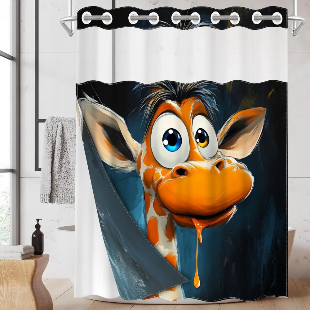 1pc hookless shower curtain with buckle lining, Cute shower curtain, printed shower curtain, orange and white giraffe cartoon design 2D flat print, waterproof lining, double-layer shower curtain with see-through window, 71 x 74 inches