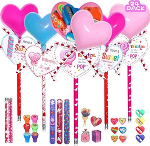 24 Pack Giant Heart-Shaped Stationery Set with Pencils, Stickers, Erasers,Stampers, Sharpeners, Slap Bracelets for School Classroom Exchange Party Favors