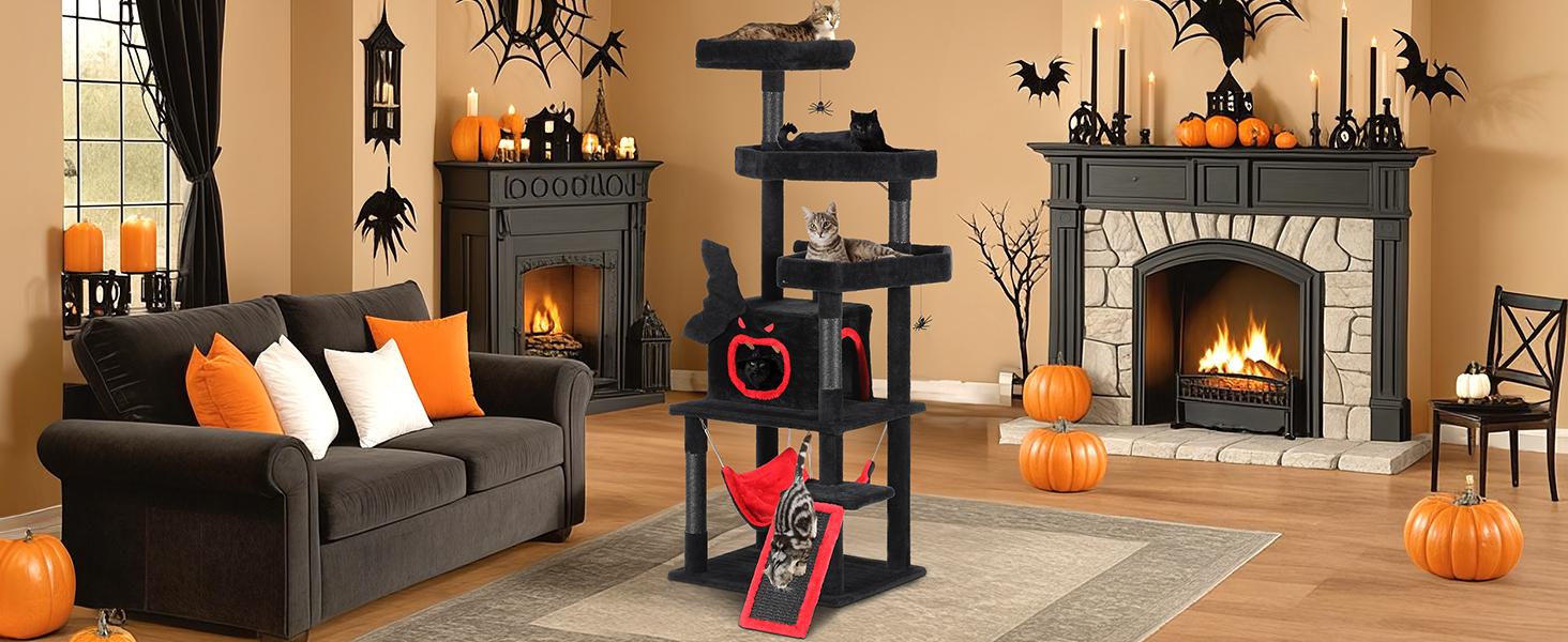 Yitahome Gothic/Christmas Cat Tree with Coffin Bed, Cat Tower for Cats with Top Perch, Spacious Cat Condos, Comfy Hammock, Scratching Post and Ladder
