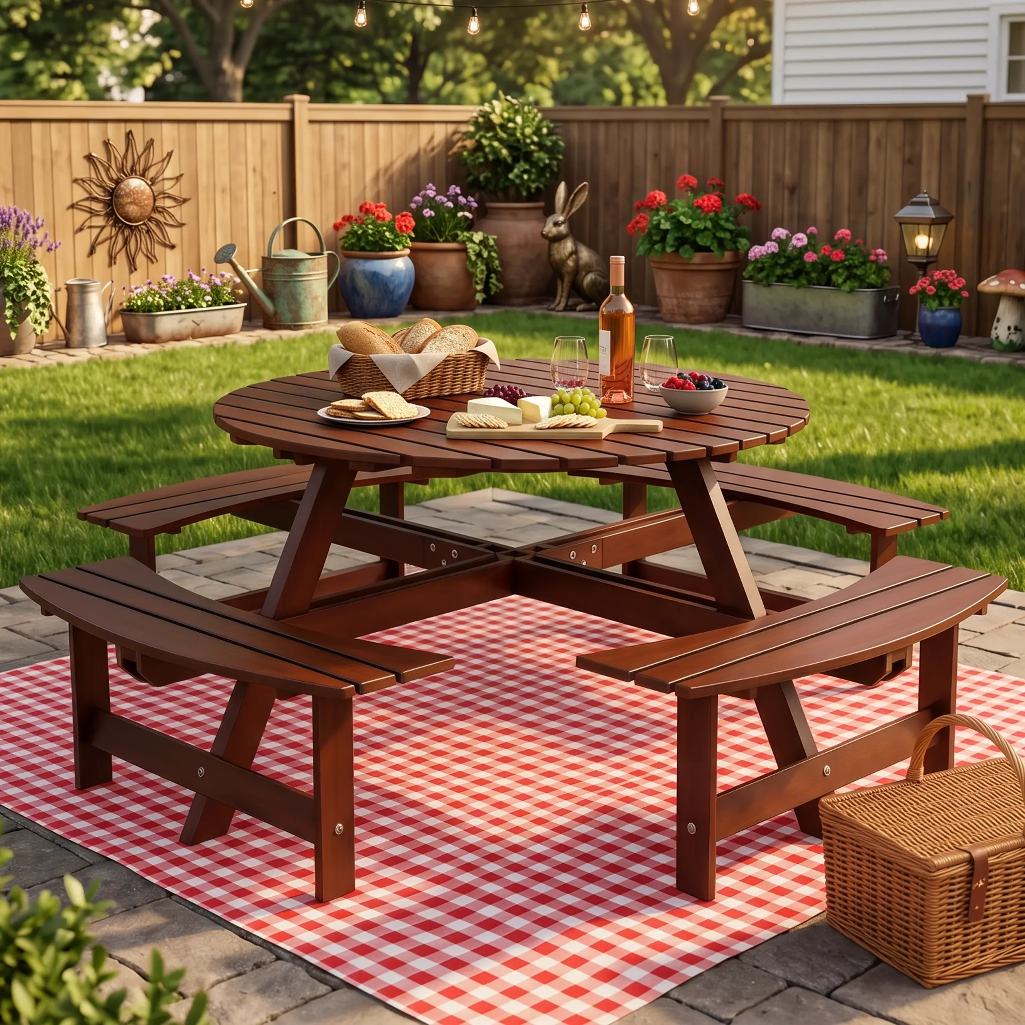 Eyisean 8 Person Wood Picnic Table, 500lbs Capacity Per Bench, Outdoor Round Picnic Table with 4 Built-in Benches, Umbrella Hole, Outside Table and Bench Set for Patio, Backyard