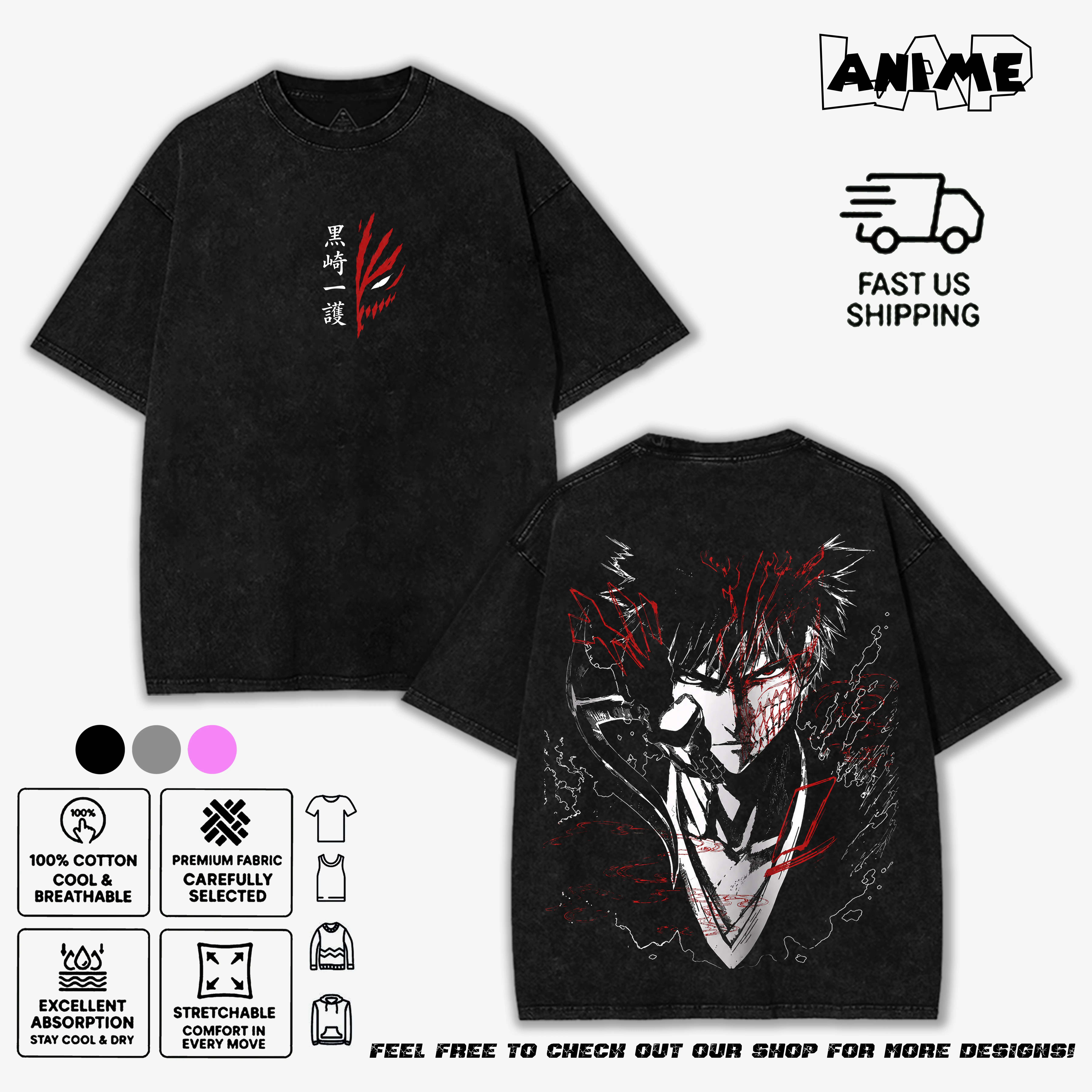 Bleach Ichigo Kurosaki Vintage Washed T-Shirt Unisex Anime Apparel Graphic Tee Tank top Hoodie Sweatshirt Streetwear Gift for Anime Fans Japanese Kanji Hollow Mask Design