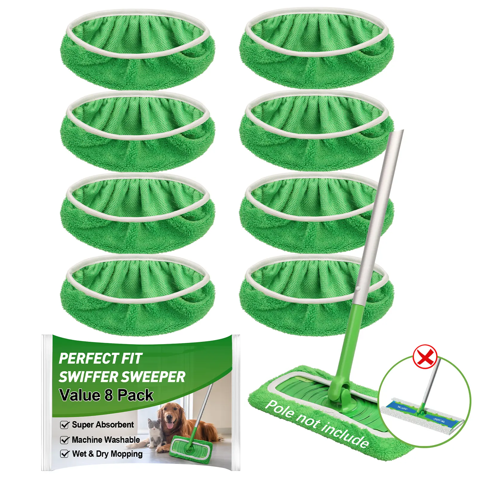 8Pcs Microfiber Mop Pads Compatible with Swiffer Sweeper Mop Wet and Dry Flat mop Cover Replacement Reusable Sweeping pad Refills Handle Not Include