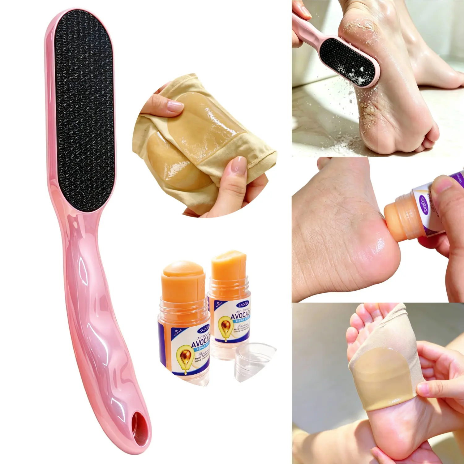 SolaceBody 3-in-1 Foot Care Kit Pro - Nano Glass Foot File Callus Remover, Avocado Moisture Balm & Gel Socks for Dry Cracked Heels, At-Home Pedicure Exfoliator Set for Baby Soft Feet