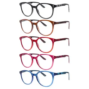 5-Pack Fashionable Blue Light Blocking Reading Glasses Gradient-tinted round frames, unisex design Spring hinges for a comfortable fit across various face shapes Premium blue light blocking lenses Essential for daily commutes, computer work, and reading
