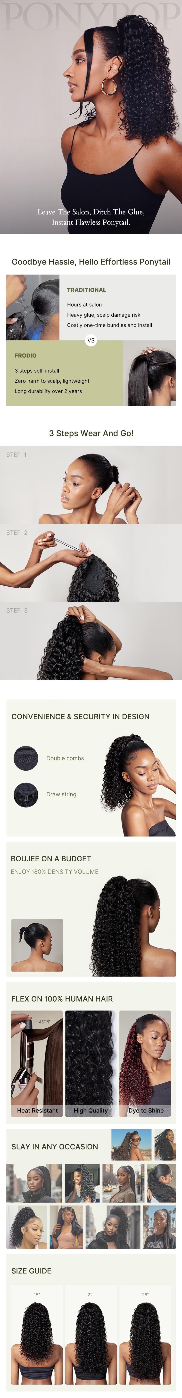 Frodio 100% Human Hair Natural Black Curly Water Wave Ponytail Hairstyle Extension Ponypop Ponytail Wig Drawstring Ponytail - Imani