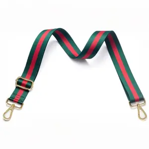Green and Red Web Striped Webbing Crossbody Adjustable 1.5" Wide 30"-62" Length Gold Toned Hardware Strap